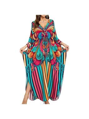 Women Blue Butterfly Floral V-Neck Batwing Sleeves Summer Cover Up Kaftan Dress
